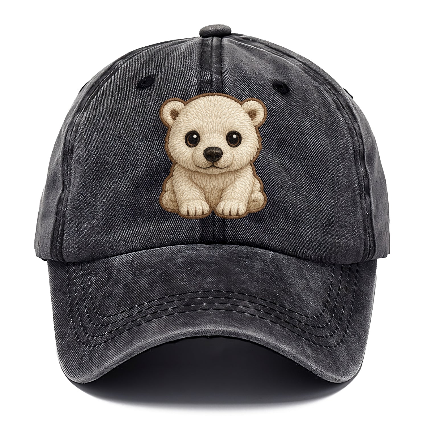 Baby Polar Bear Cub - white fluffy, black nose, dark curious eyes, front-facing, - Classic Cap - Graphite