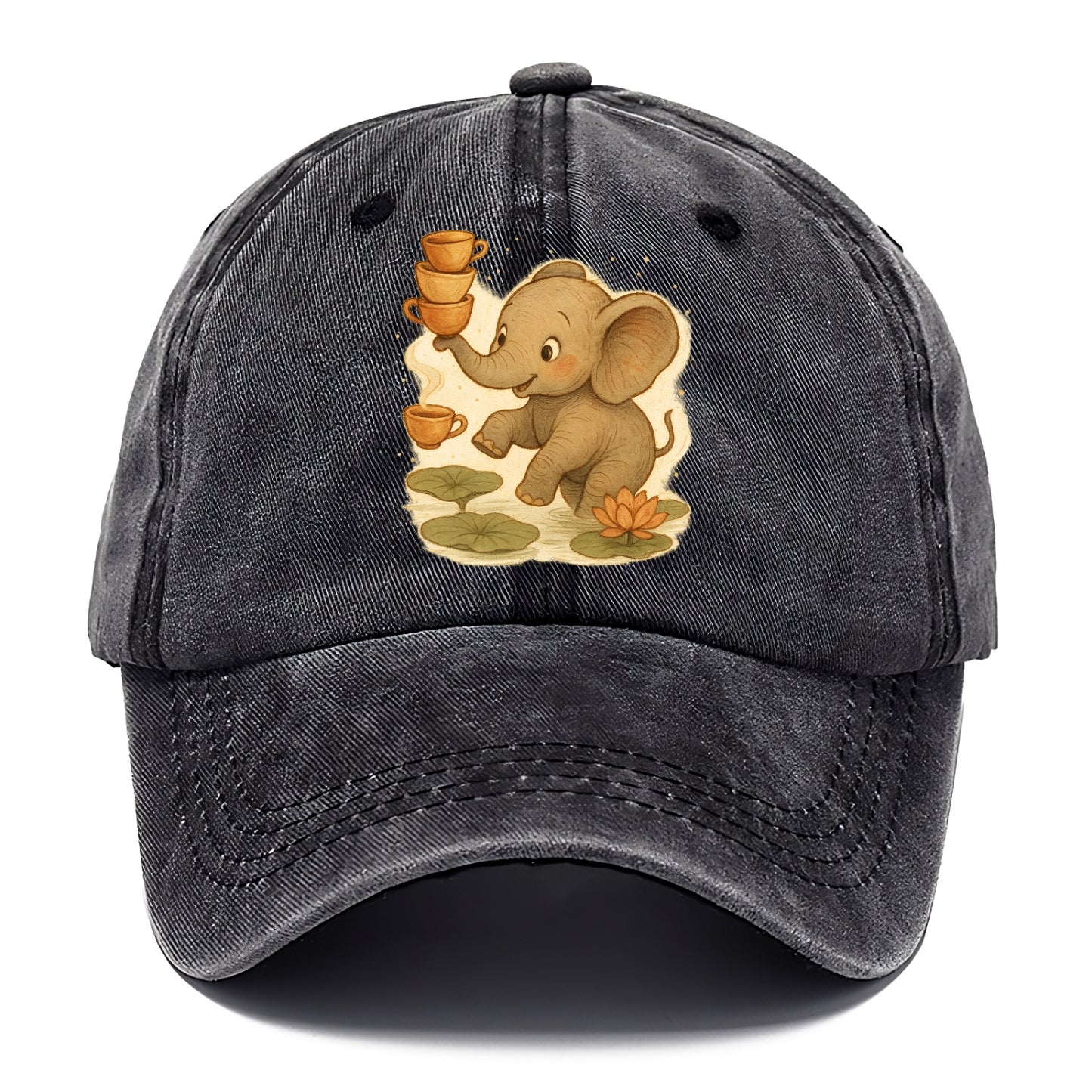 Elephant balancing teacups during a floating tea ceremony beside lotus ponds - Classic Cap - Graphite