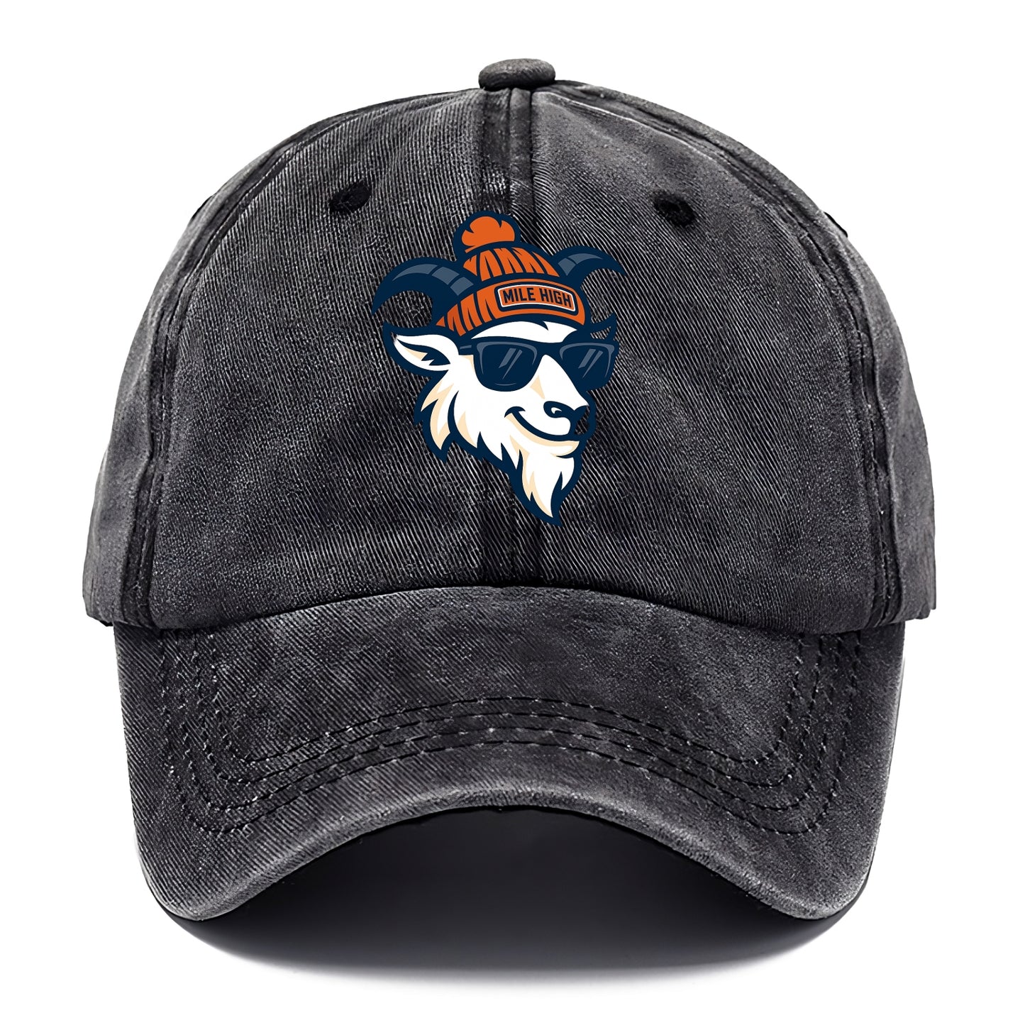 Denver Mountain Goat wearing Broncos beanie with Mile High patch and wayfarer - Classic Cap - Graphite