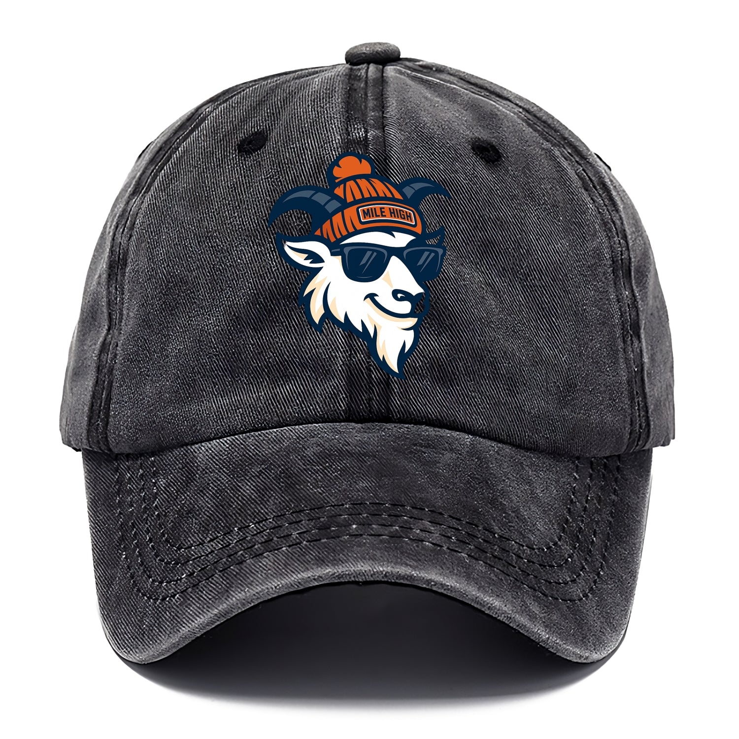 Denver Mountain Goat wearing Broncos beanie with Mile High patch and wayfarer - Classic Cap - Graphite