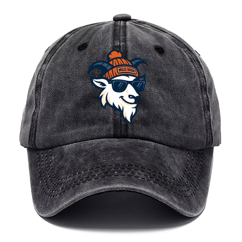 Denver Mountain Goat wearing Broncos beanie with Mile High patch and wayfarer - Classic Cap