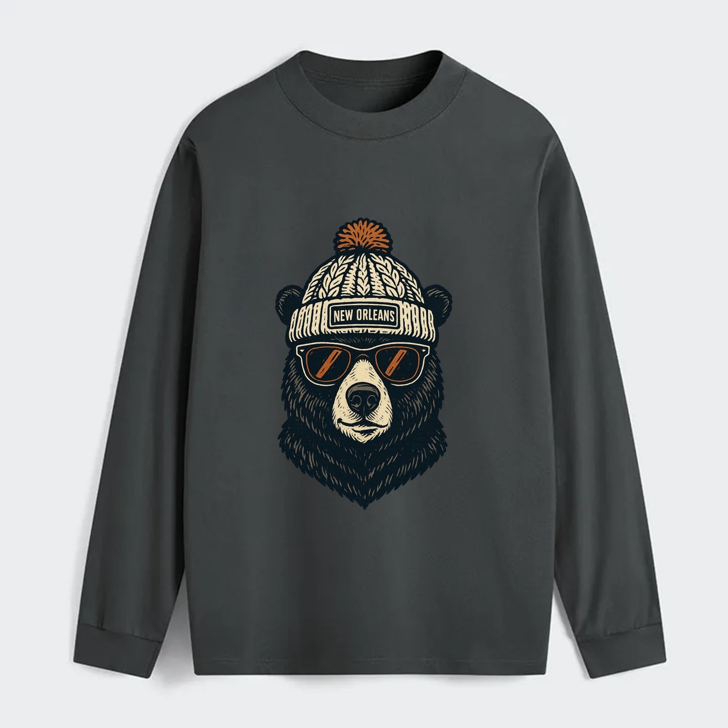 Louisiana Black Bear wearing New Orleans beanie with pom pom and - Classic Long Sleeve Shirt - Gray