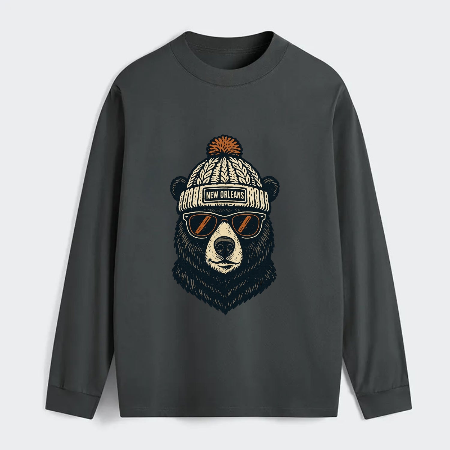 Louisiana Black Bear wearing New Orleans beanie with pom pom and - Classic Long Sleeve Shirt - Gray