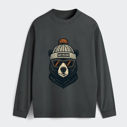 Louisiana Black Bear wearing New Orleans beanie with pom pom and - Classic Long Sleeve Shirt - Gray