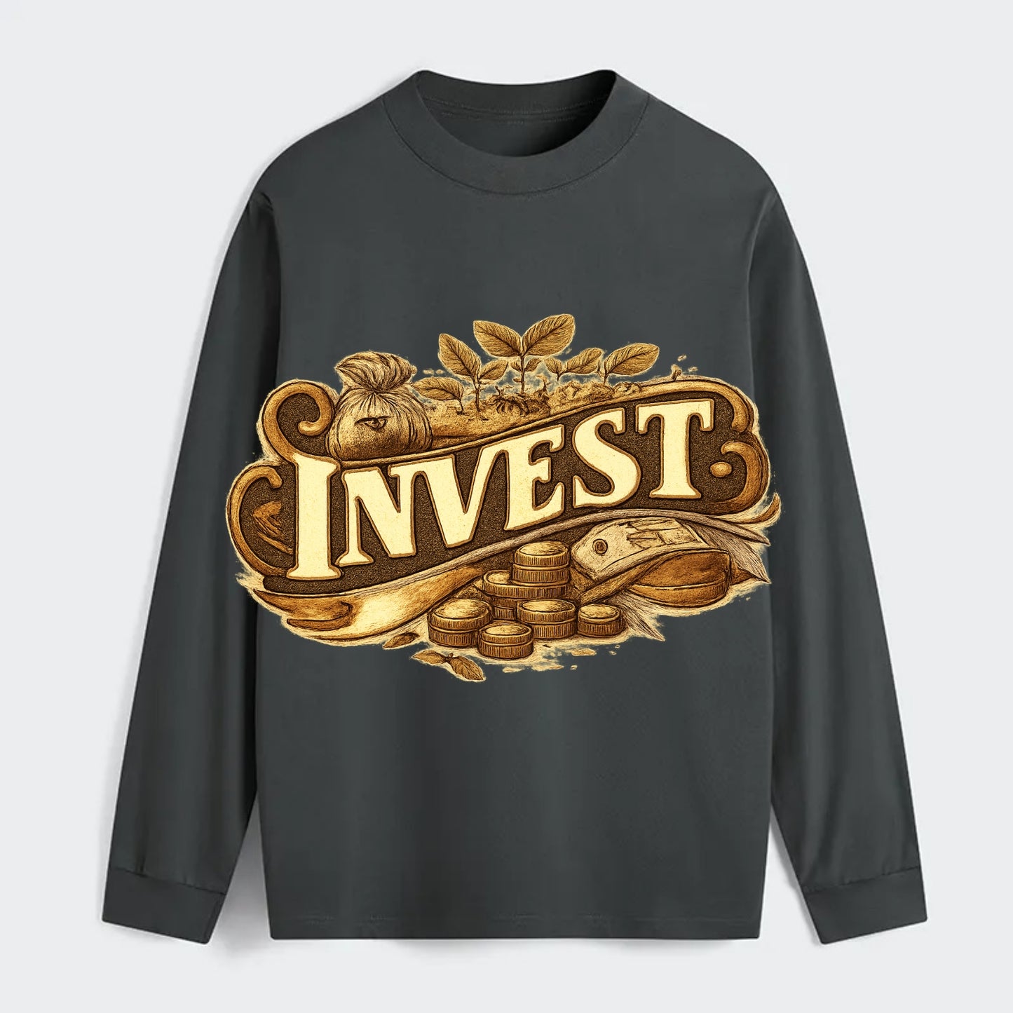 Bold typography design - "INVEST" - growing money, smart decisions - Classic Long Sleeve Shirt - Gray