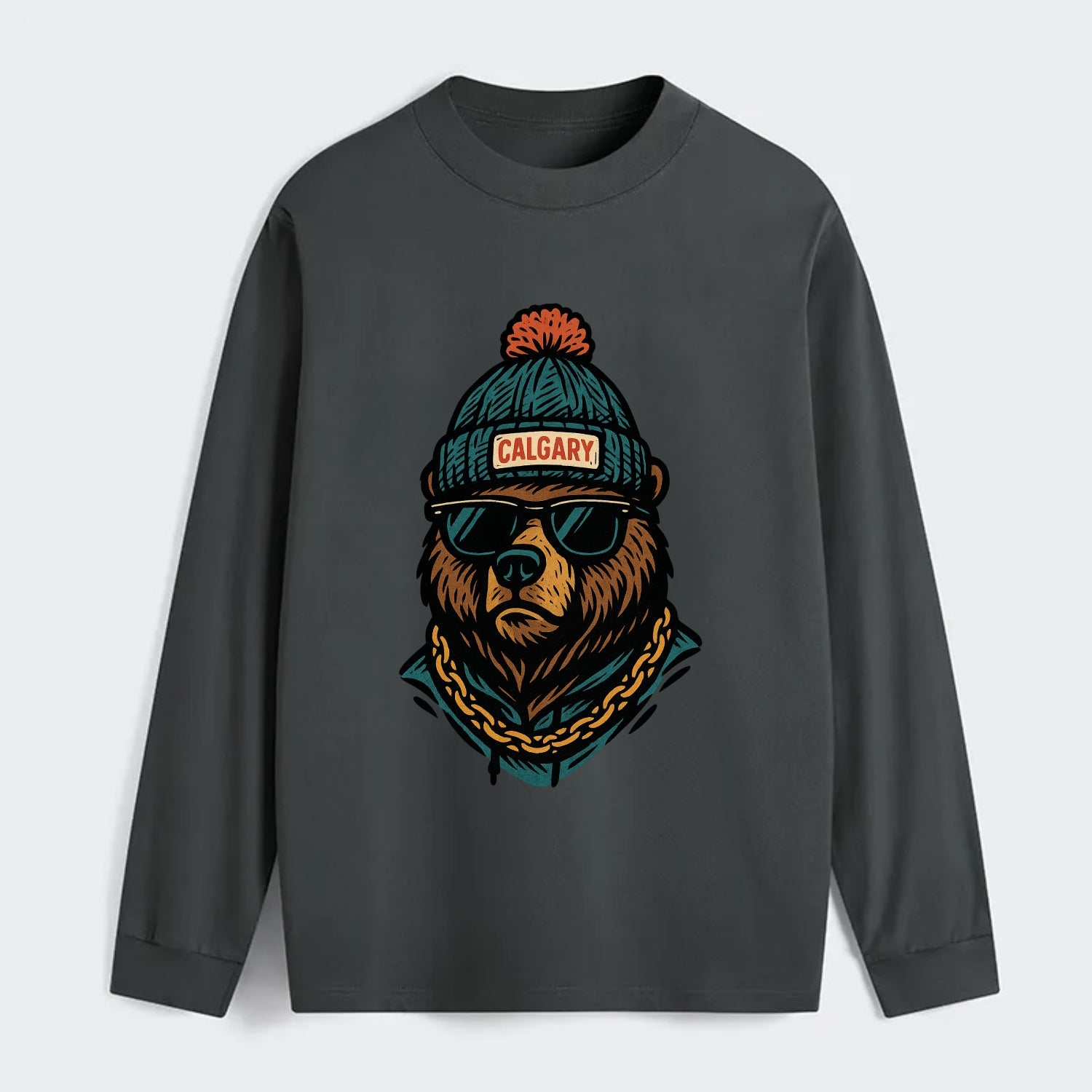 Calgary Grizzly Bear wearing Calgary beanie with pom pom and wayfarer - Classic Long Sleeve Shirt - Gray