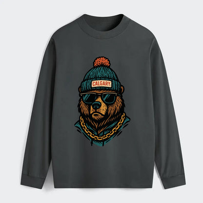 Calgary Grizzly Bear wearing Calgary beanie with pom pom and wayfarer - Classic Long Sleeve Shirt - Gray