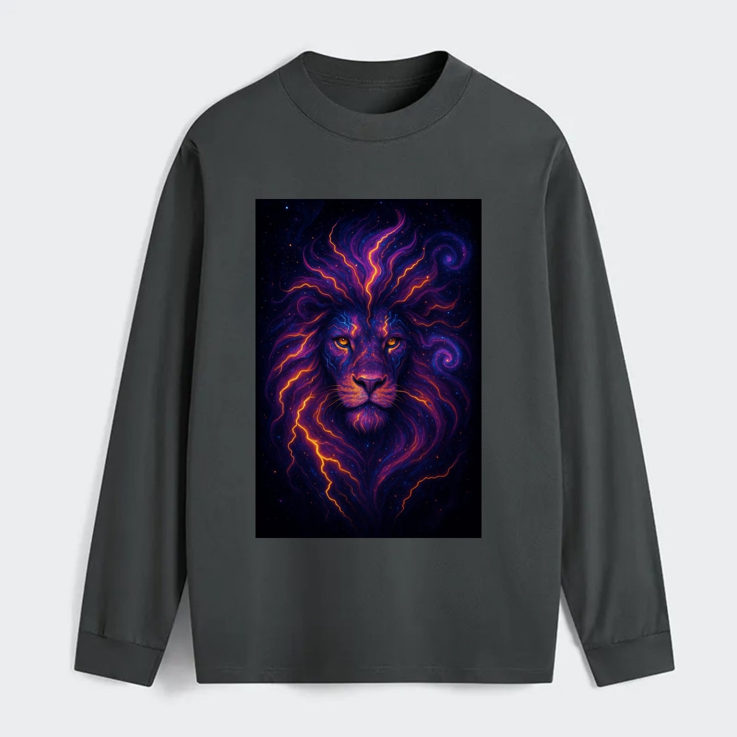 Regal lion with mane made of electric currents, neon yellow and hot - Classic Long Sleeve Shirt - Gray