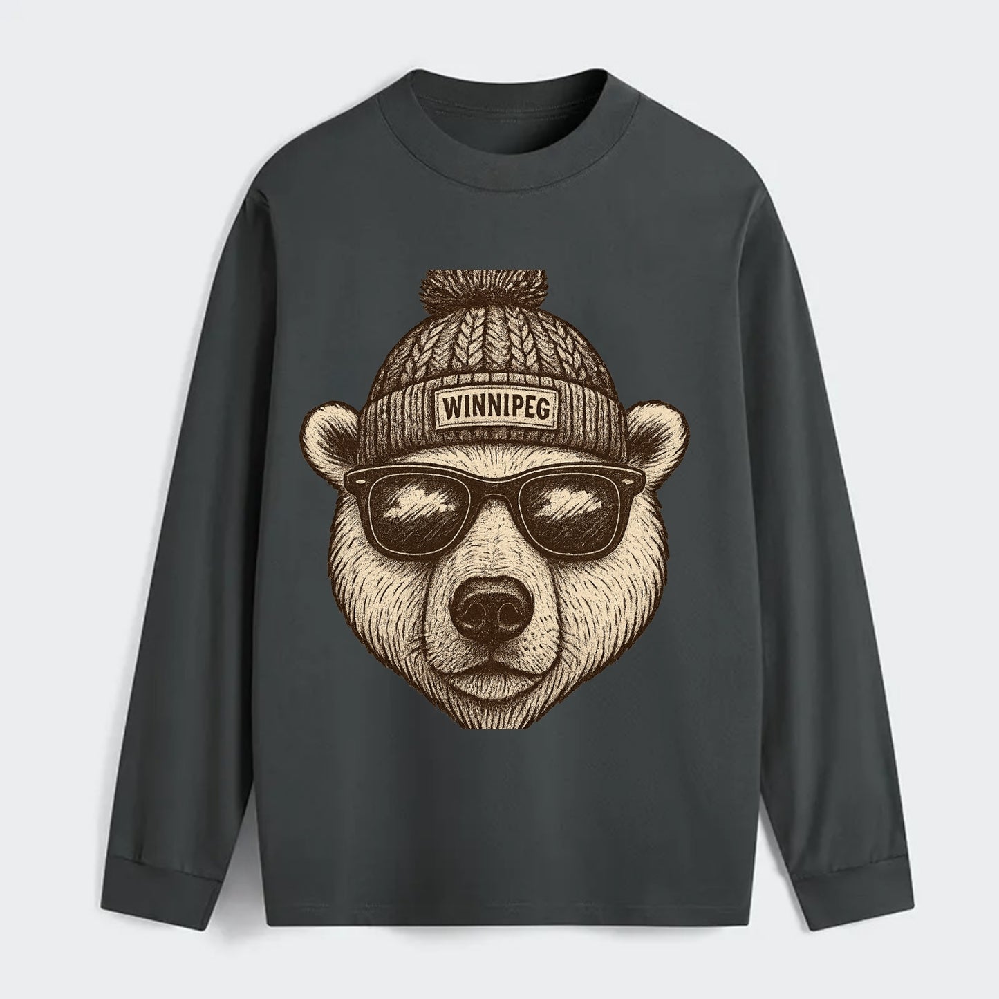 Winnipeg Polar Bear wearing Winnipeg beanie with pom pom and wayfarer - Classic Long Sleeve Shirt - Gray