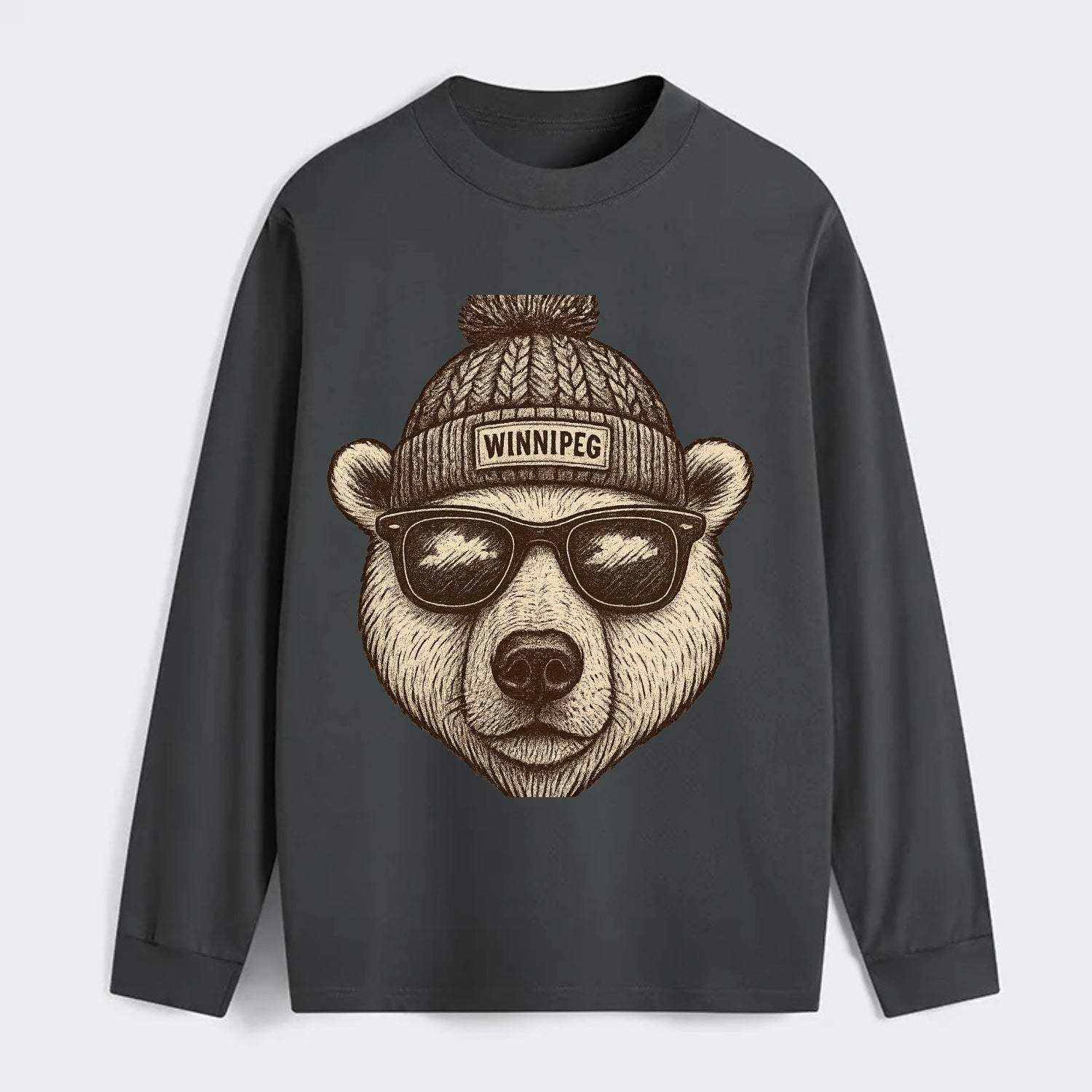 Winnipeg Polar Bear wearing Winnipeg beanie with pom pom and wayfarer - Classic Long Sleeve Shirt - Gray