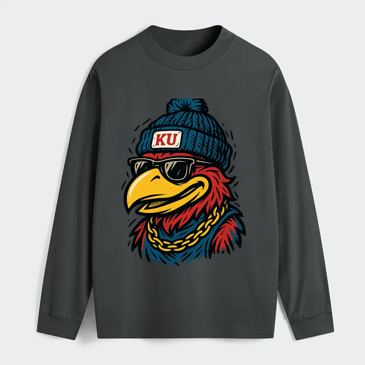 Lawrence Jayhawk wearing Kansas beanie with KU patch - Classic Long Sleeve Shirt - Gray