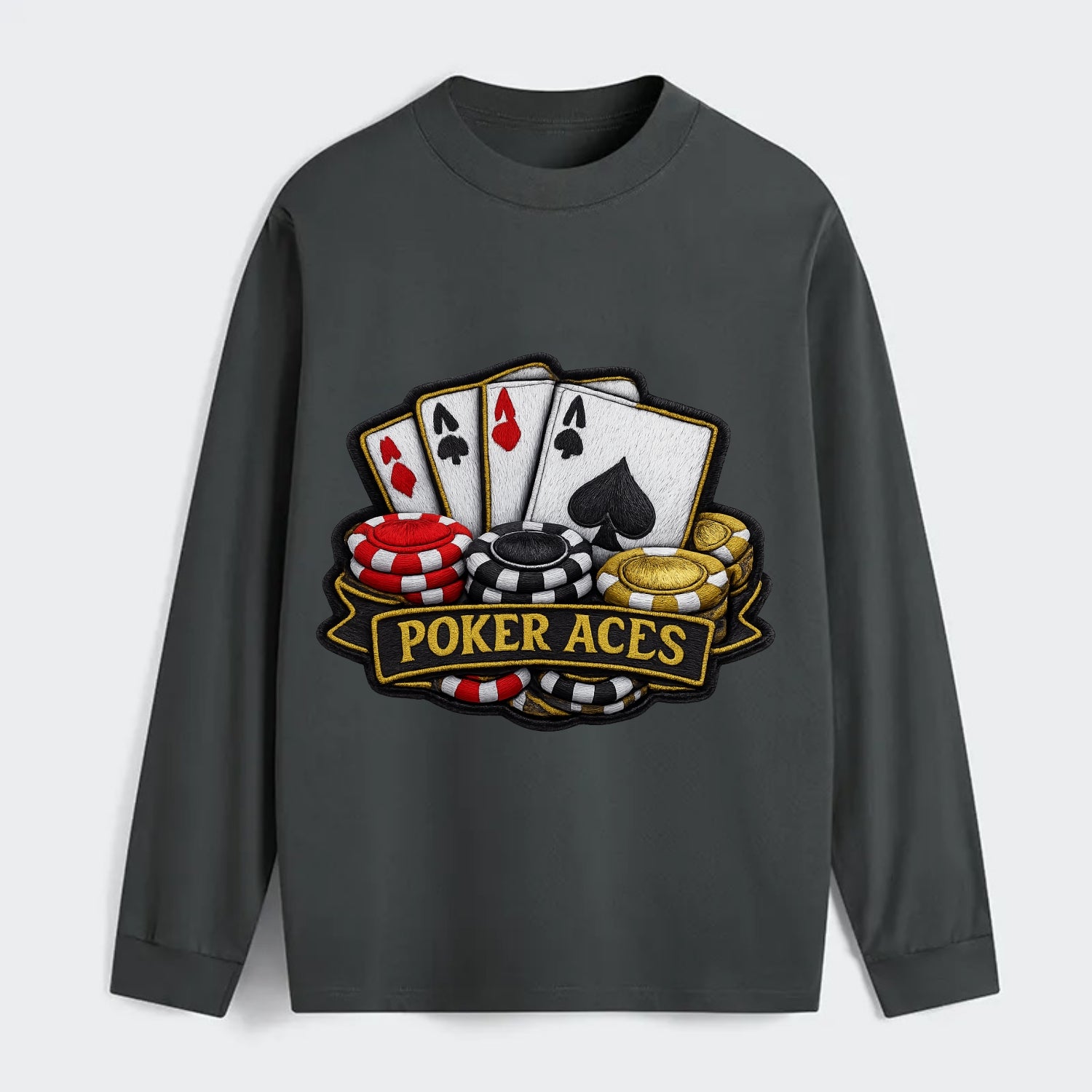 Embroidered patch design - POKER ACES - four aces with chips in red, - Classic Long Sleeve Shirt - Gray