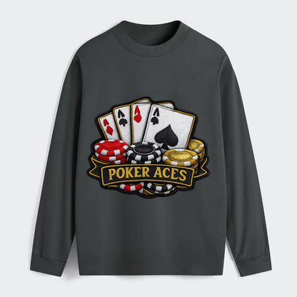 Embroidered patch design - POKER ACES - four aces with chips in red, - Classic Long Sleeve Shirt - Gray