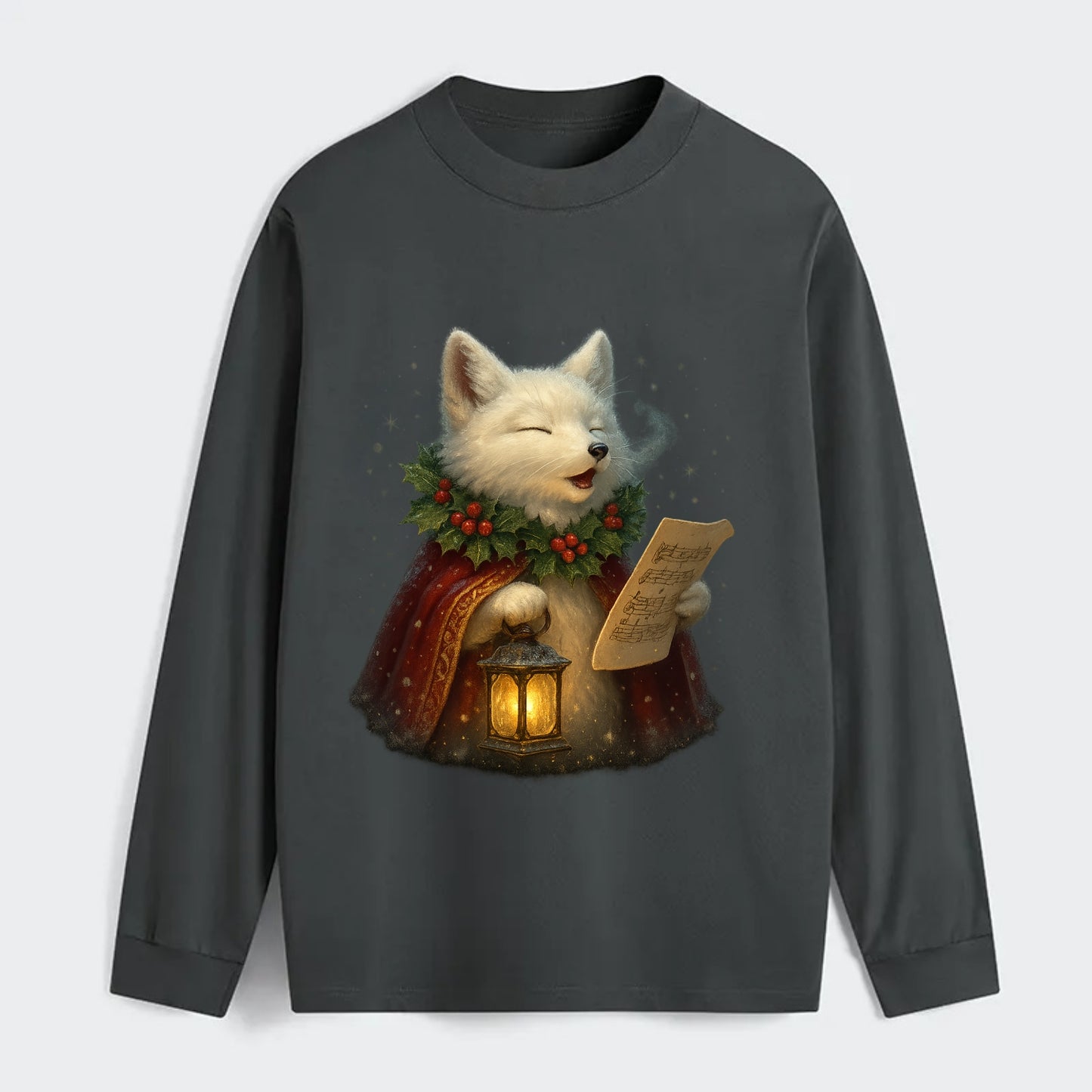 Snowbound Arctic Fox Caroler  - Classic Long Sleeve Shirt - Gray