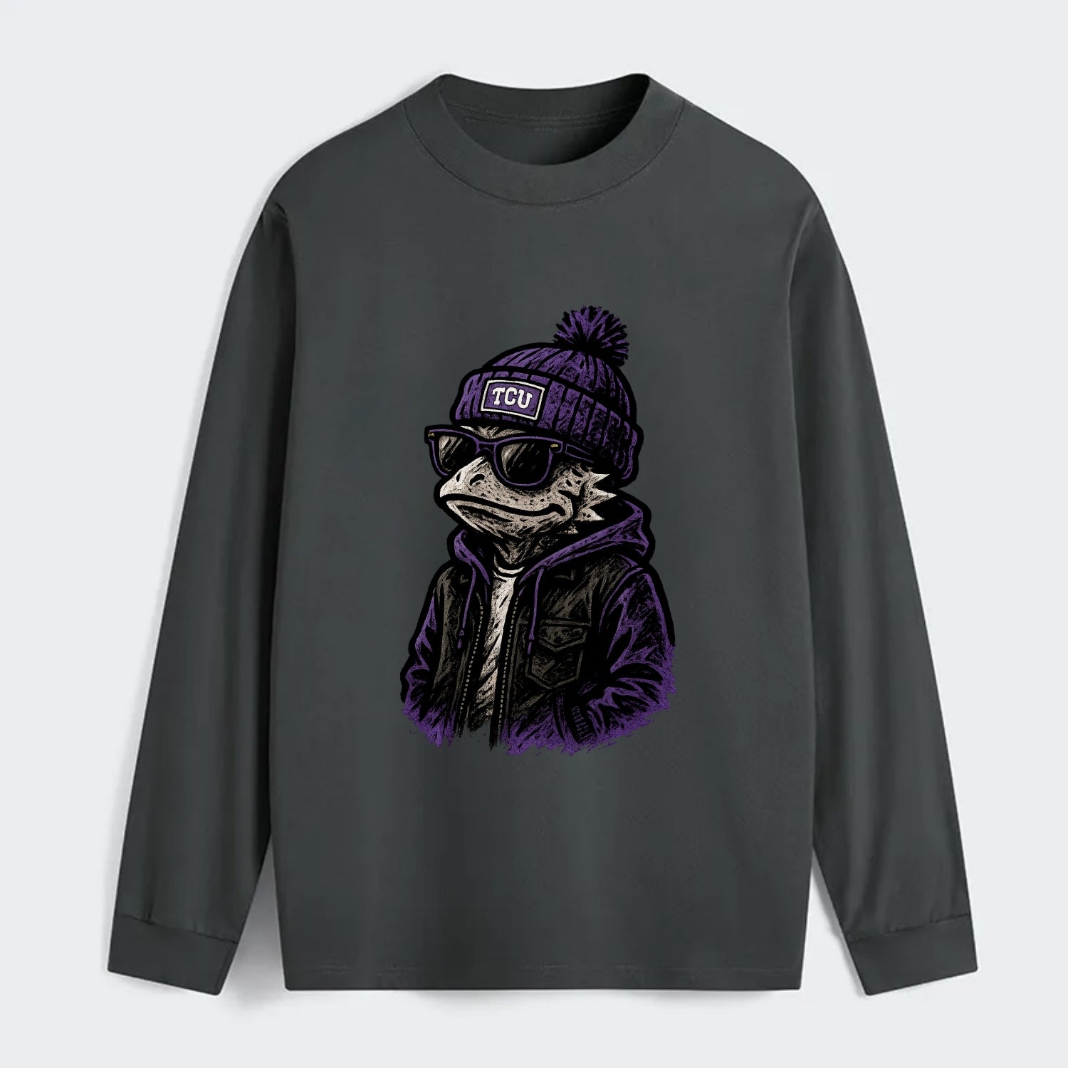 Fort Worth Frog wearing TCU beanie with horned patch - Classic Long Sleeve Shirt - Gray