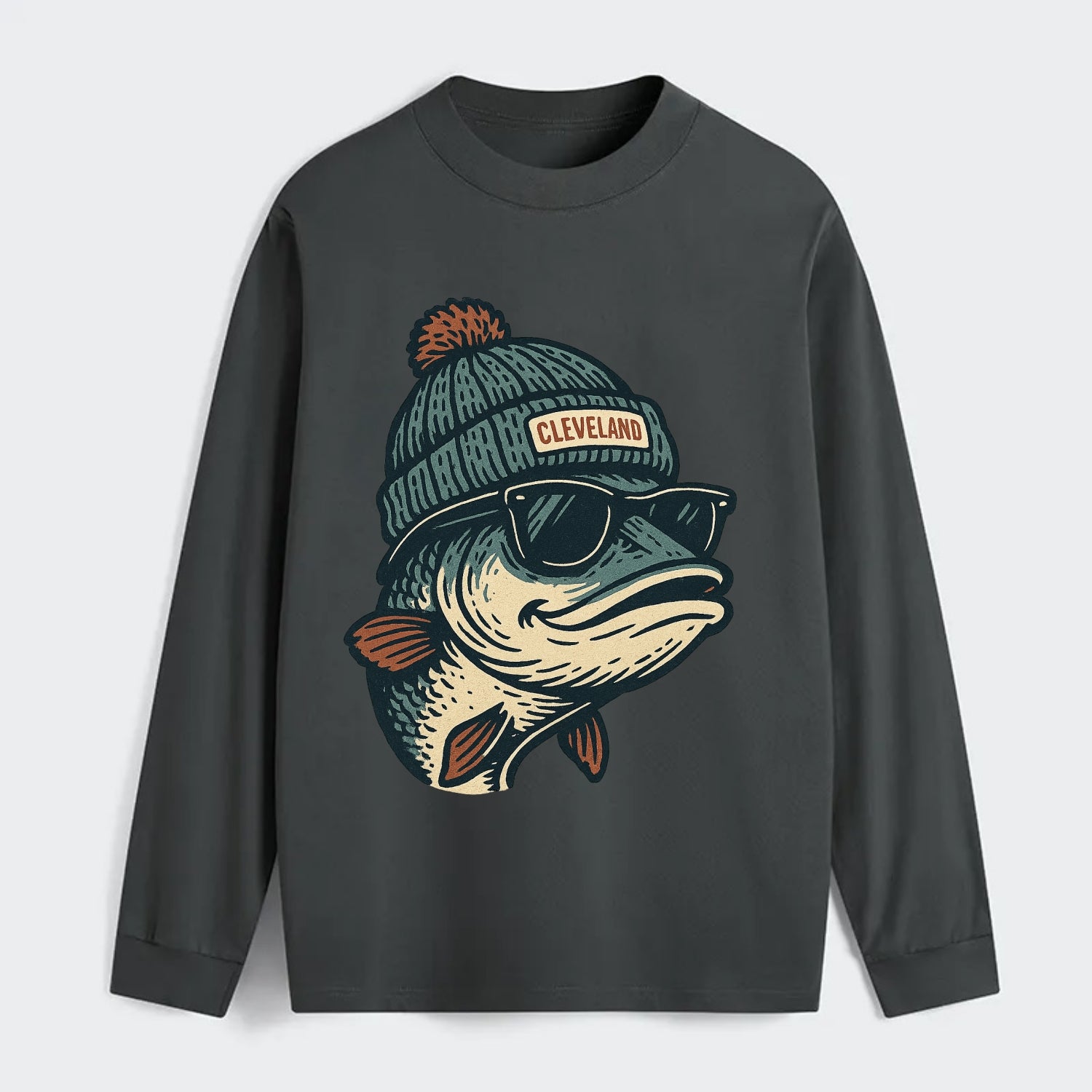 Cleveland Lake Erie Walleye wearing Cleveland beanie with pom pom and - Classic Long Sleeve Shirt - Gray