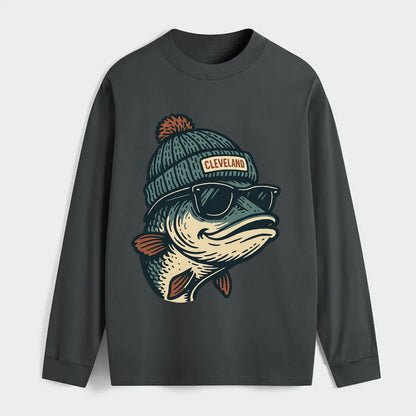Cleveland Lake Erie Walleye wearing Cleveland beanie with pom pom and - Classic Long Sleeve Shirt - Gray