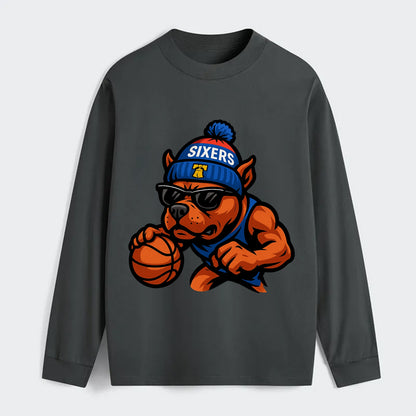 Philly Pitbull wearing Sixers beanie with Liberty Bell and wayfarer - Classic Long Sleeve Shirt - Gray
