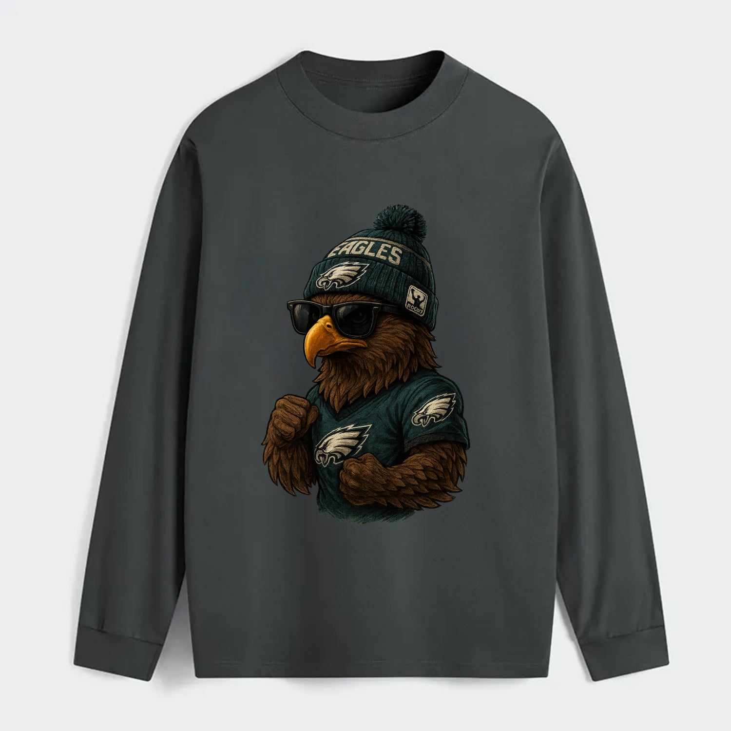Philly Hawk wearing Eagles beanie with Rocky patch and wayfarer - Classic Long Sleeve Shirt - Gray