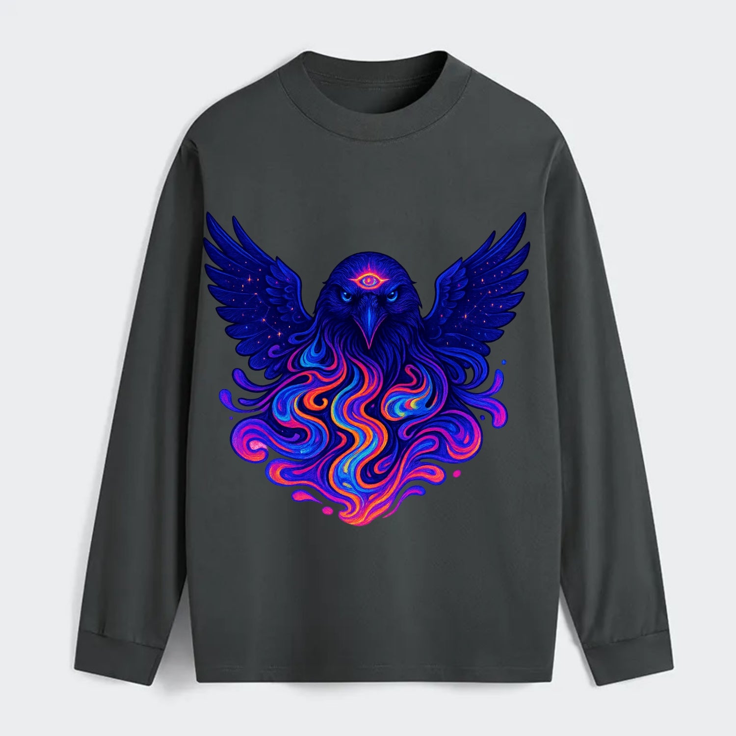 Mysterious raven with feathers showing future visions in neon colors, - Classic Long Sleeve Shirt - Gray