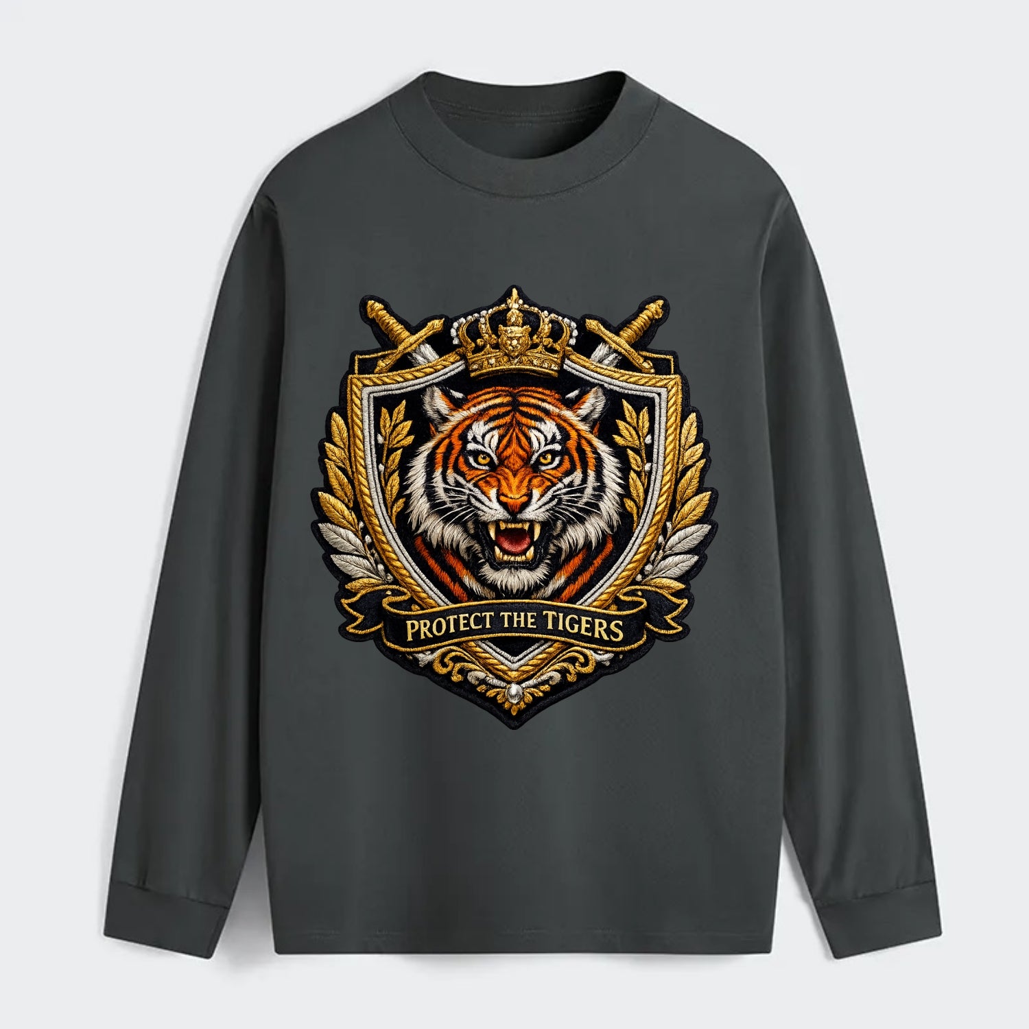 PROTECT THE TIGERS - tiger with shield in orange , big cat conservation - Classic Long Sleeve Shirt - Gray