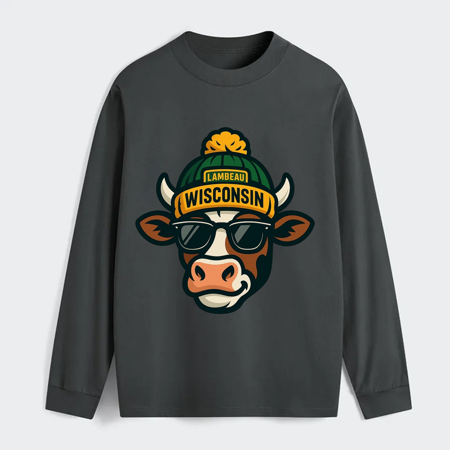 Wisconsin Cow wearing Packers beanie with Lambeau patch and wayfarer - Classic Long Sleeve Shirt - Gray