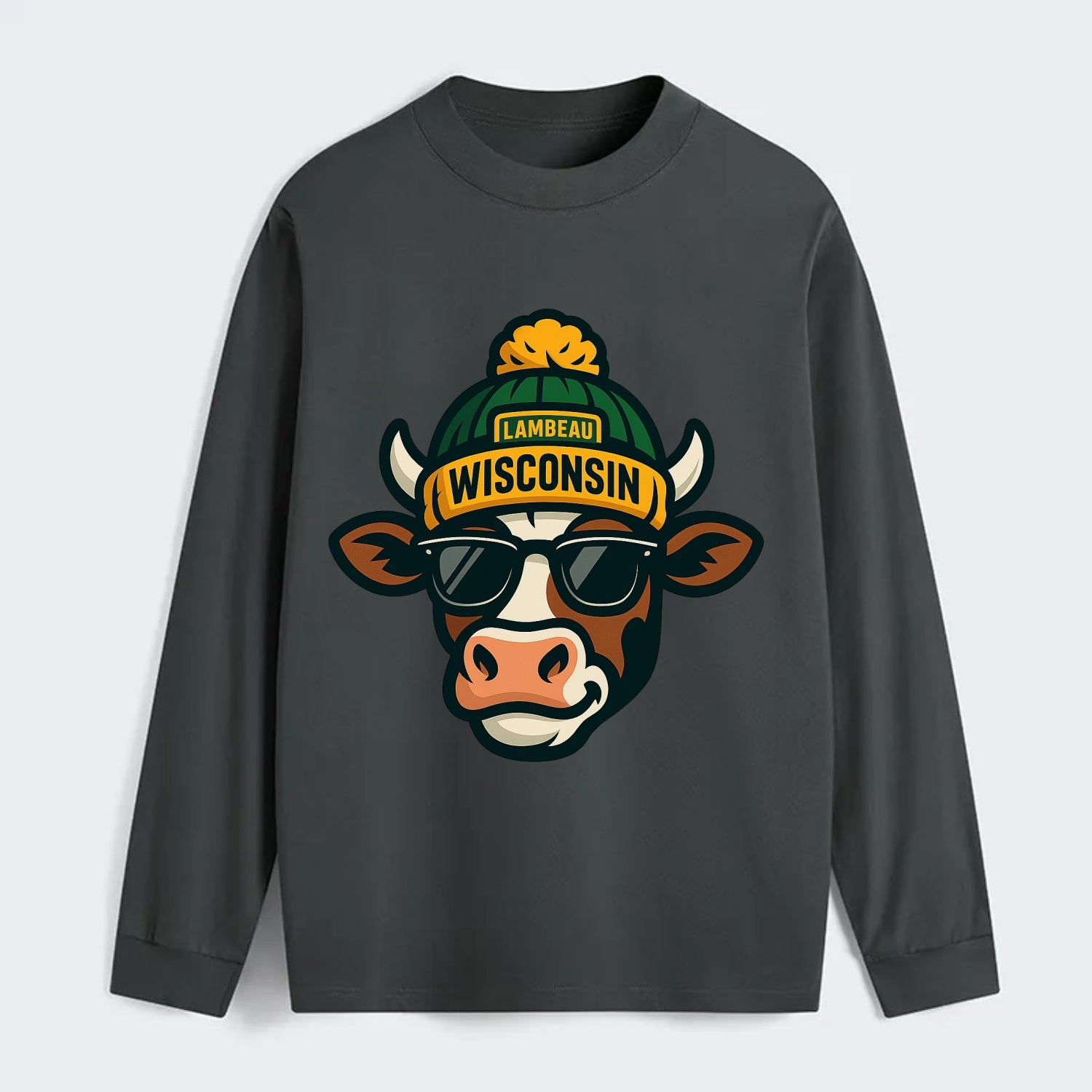 Wisconsin Cow wearing Packers beanie with Lambeau patch and wayfarer - Classic Long Sleeve Shirt - Gray