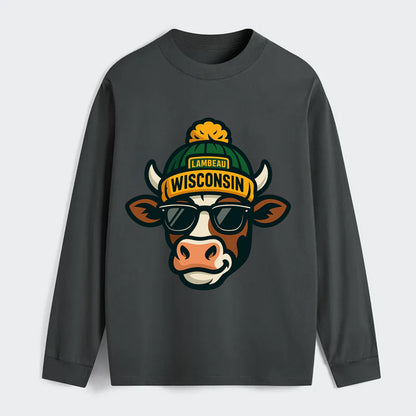 Wisconsin Cow wearing Packers beanie with Lambeau patch and wayfarer - Classic Long Sleeve Shirt - Gray