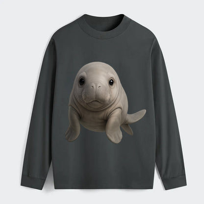 Baby Dugong - gray with paddle tail, gentle expression, whiskers, - Classic Long Sleeve Shirt - Gray