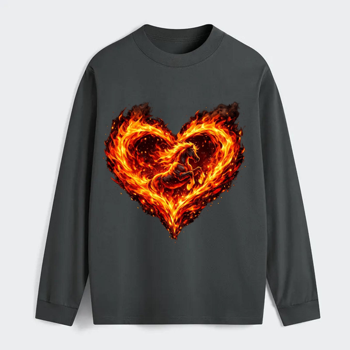 HEART OF FIRE | Flaming heart with horse silhouette inside | Passion - Classic Long Sleeve Shirt - Gray
