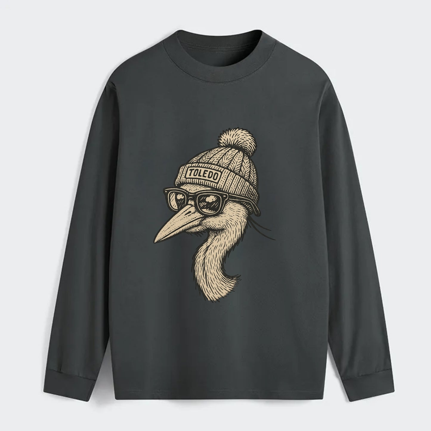 Toledo Great Blue Heron wearing Toledo beanie with pom pom and wayfarer - Classic Long Sleeve Shirt - Gray