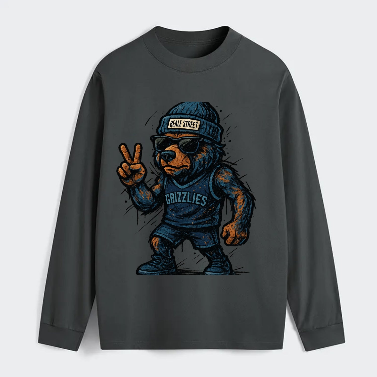 Memphis Grizzly Bear wearing Grizzlies navy and light blue beanie with - Classic Long Sleeve Shirt - Gray