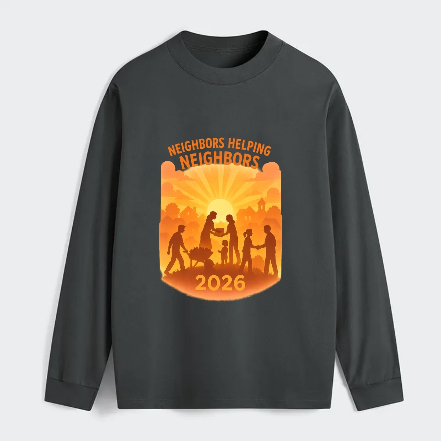 Local communities thriving with shared resources - "Neighbors Helping - Classic Long Sleeve Shirt - Gray