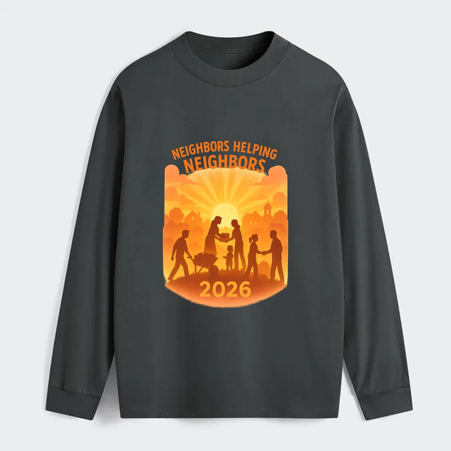 Local communities thriving with shared resources - "Neighbors Helping - Classic Long Sleeve Shirt - Gray