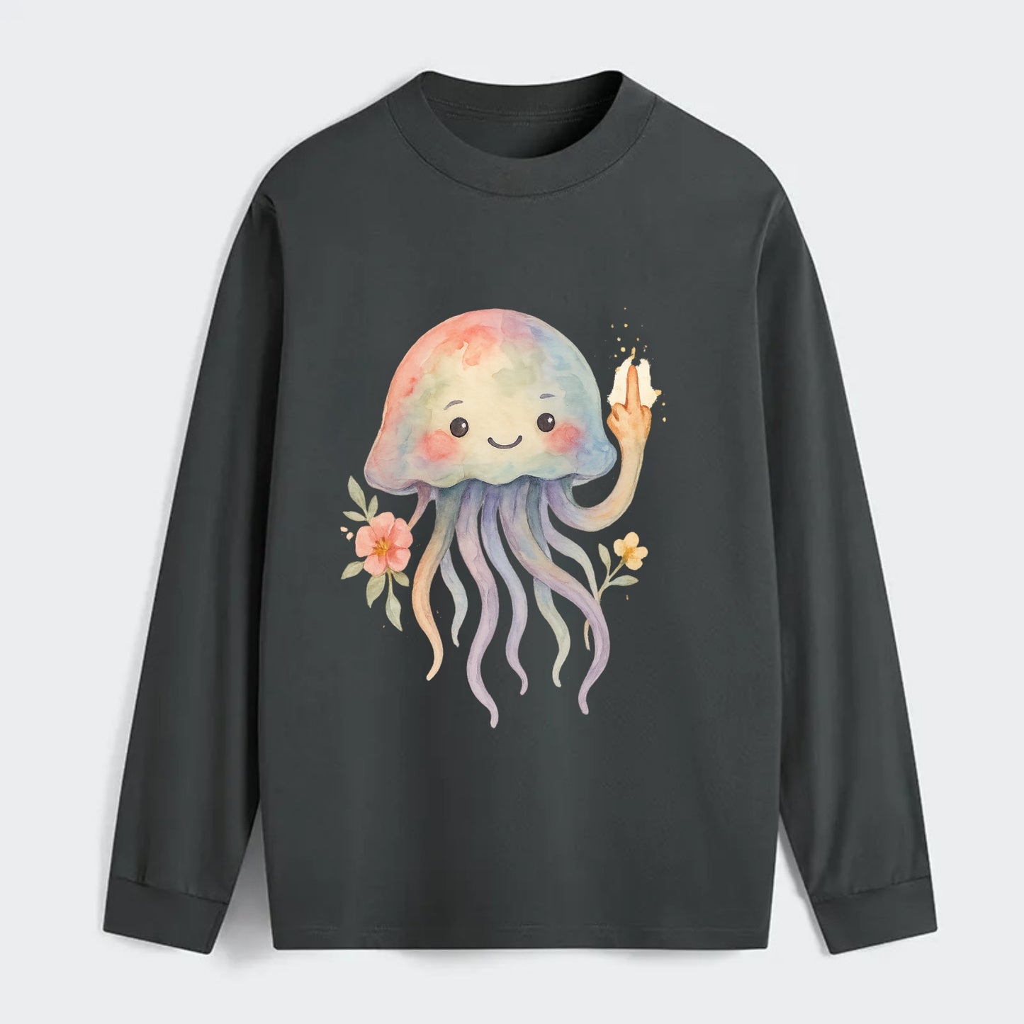 jellyfish with kawaii face and tentacles, one tentacle pointing up - Classic Long Sleeve Shirt - Gray