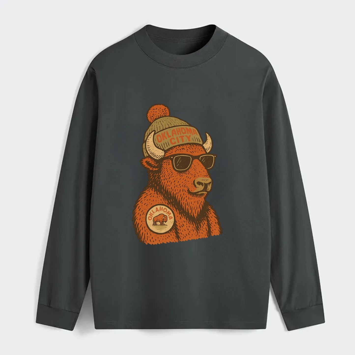 Oklahoma Buffalo wearing Oklahoma City beanie with pom pom and wayfarer - Classic Long Sleeve Shirt - Gray