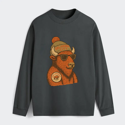 Oklahoma Buffalo wearing Oklahoma City beanie with pom pom and wayfarer - Classic Long Sleeve Shirt - Gray