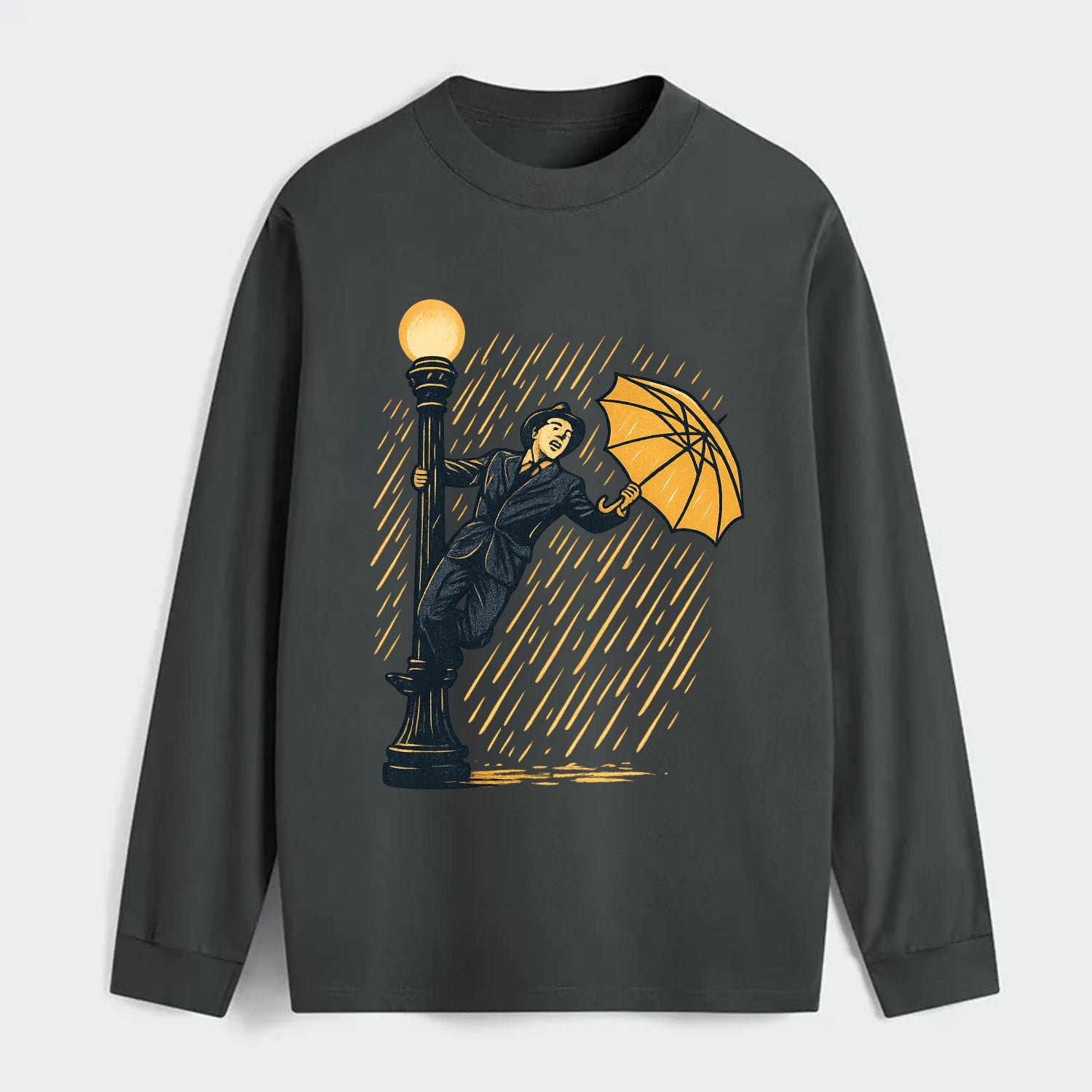 joyful dancing on lamppost in heavy rain with big smile - Classic Long Sleeve Shirt - Gray