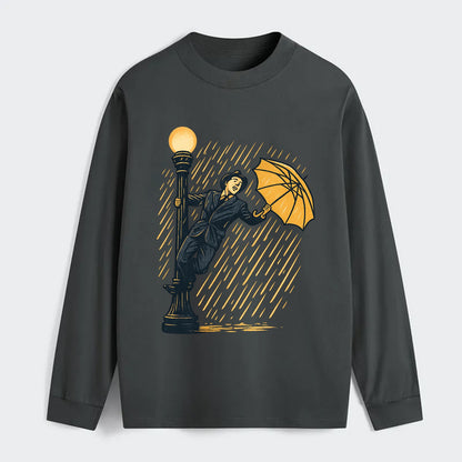 joyful dancing on lamppost in heavy rain with big smile - Classic Long Sleeve Shirt - Gray