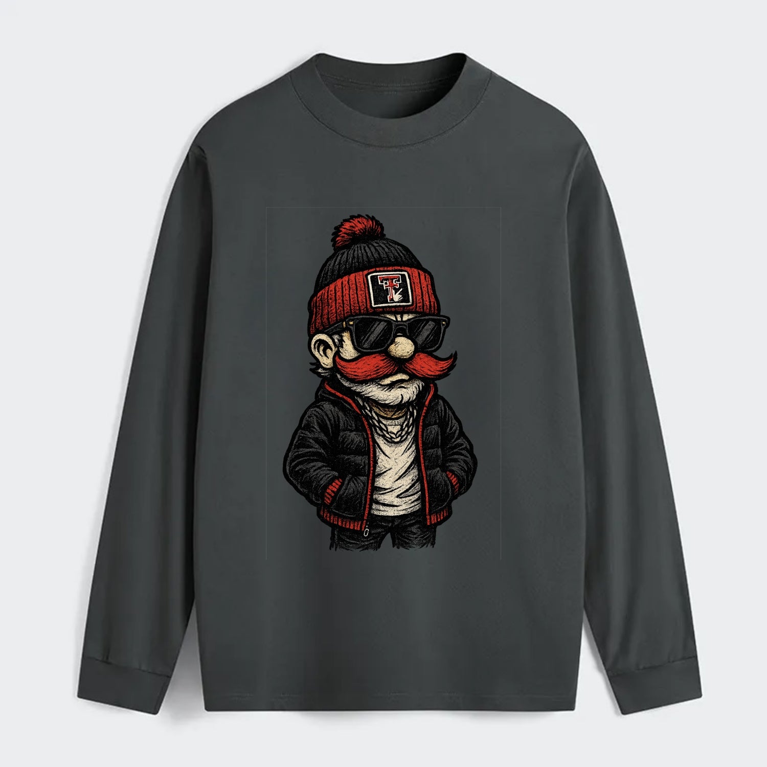 Lubbock Raider wearing Texas Tech beanie with guns up patch - Classic Long Sleeve Shirt - Gray