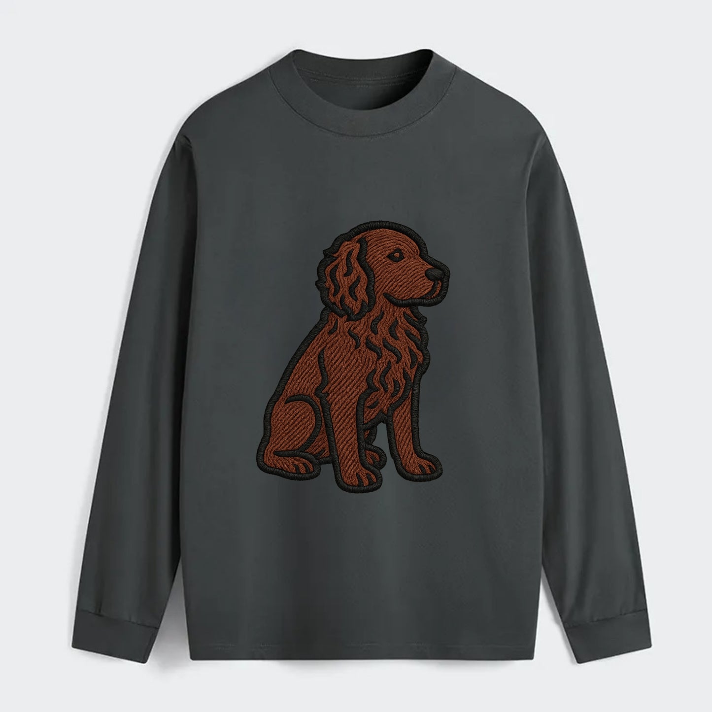 Boykin Spaniel - Rich chocolate brown wavy coat embroidered sitting pose - Classic Long Sleeve Shirt - Gray