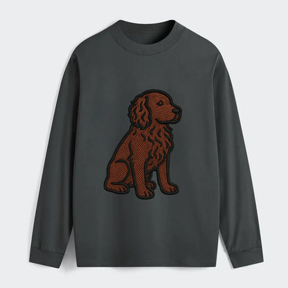 Boykin Spaniel - Rich chocolate brown wavy coat embroidered sitting pose - Classic Long Sleeve Shirt - Gray