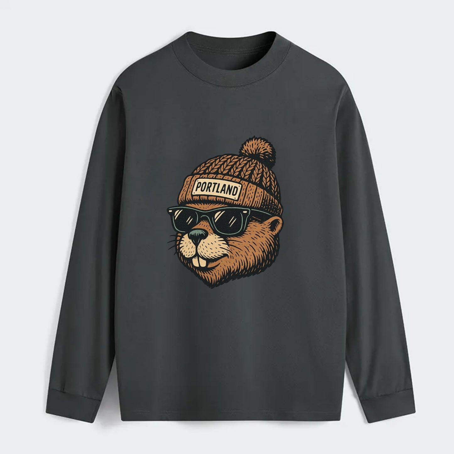 Portland Beaver wearing Portland beanie with pom pom and wayfarer - Classic Long Sleeve Shirt - Gray