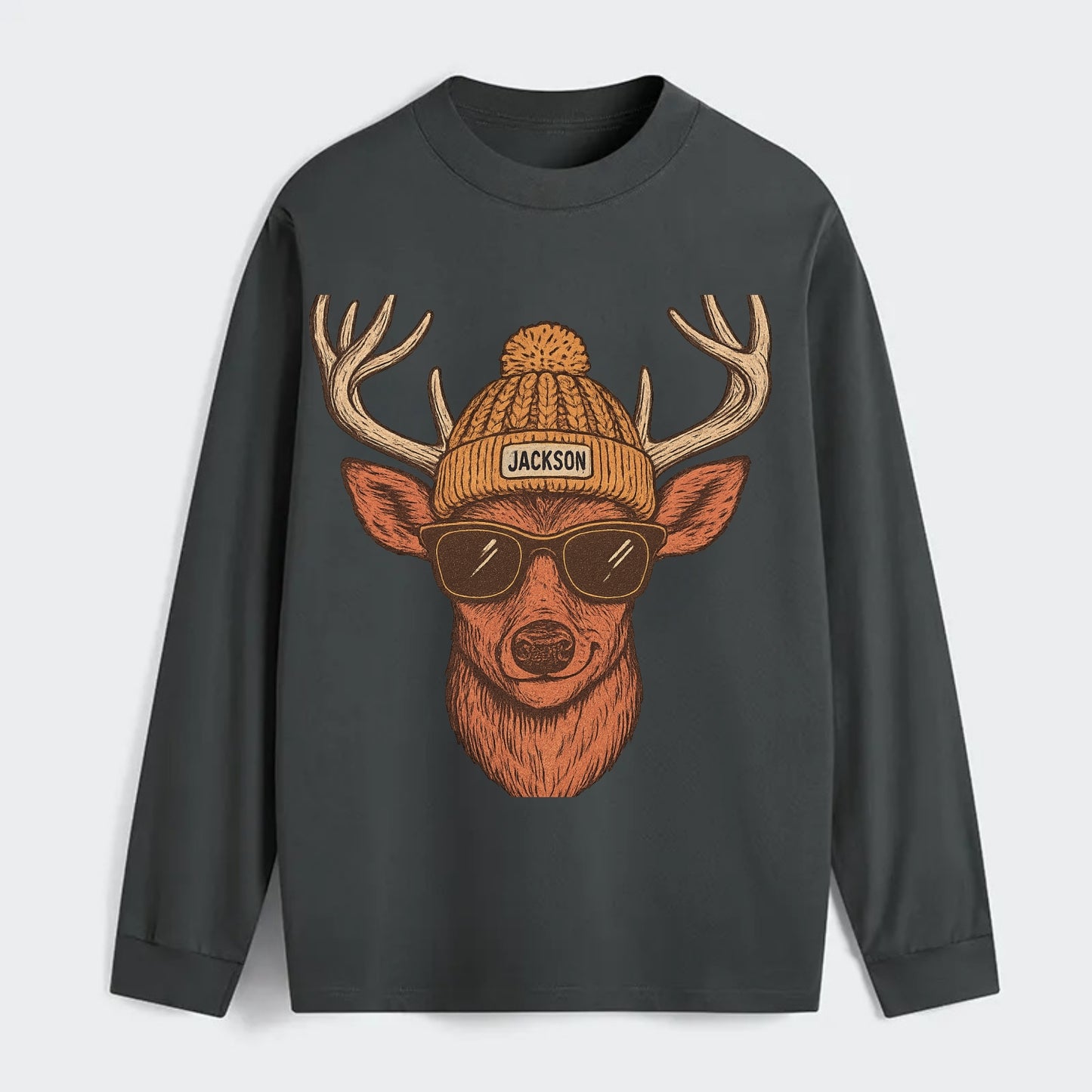Mississippi White-tailed Deer wearing Jackson beanie with pom pom and - Classic Long Sleeve Shirt - Gray