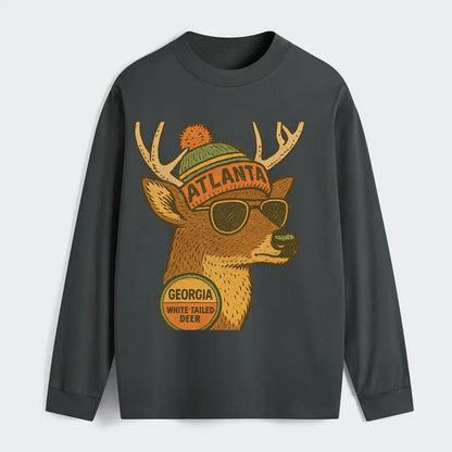 Georgia White-tailed Deer wearing Atlanta beanie with pom pom and - Classic Long Sleeve Shirt - Gray