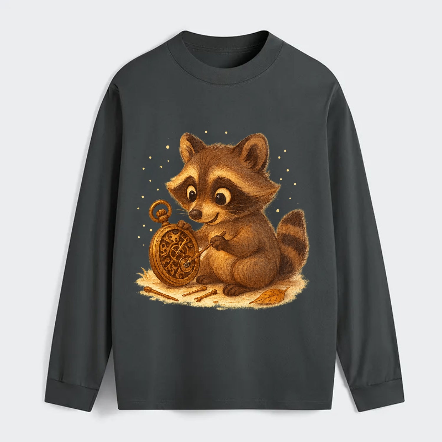Raccoon tinkering with a steampunk pocket watch using tiny brass tools - Classic Long Sleeve Shirt - Gray