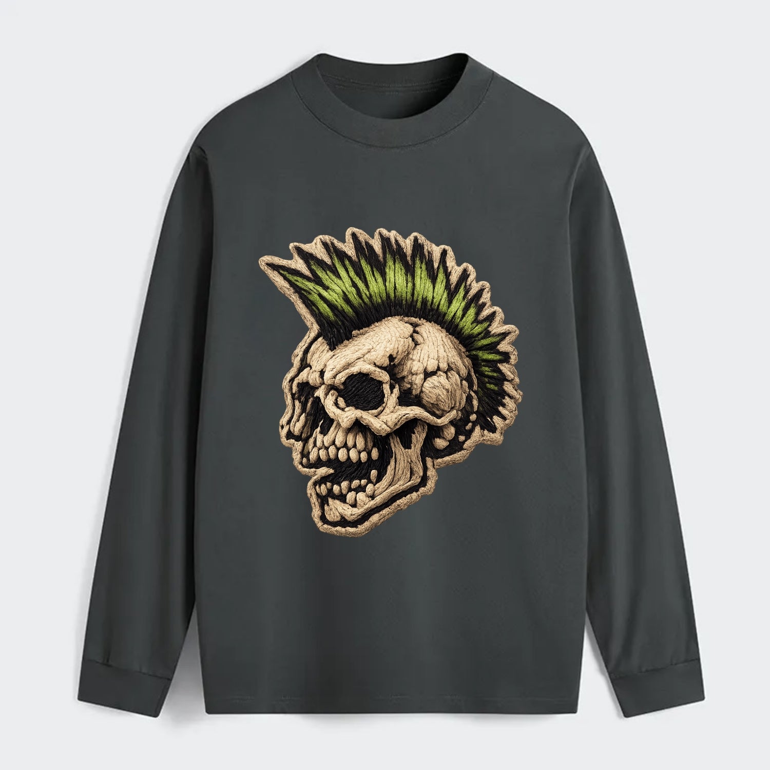 MOHAWK SKULL - punk skull with mohawk in neon green and black , punk - Classic Long Sleeve Shirt - Gray