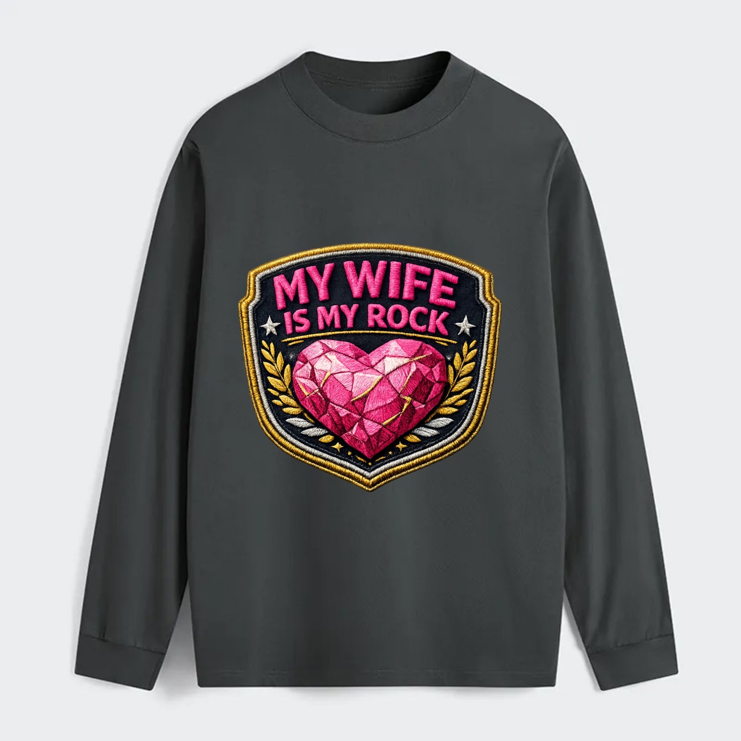MY WIFE IS MY ROCK - pink rock heart - pink - solid wife - Classic Long Sleeve Shirt - Gray