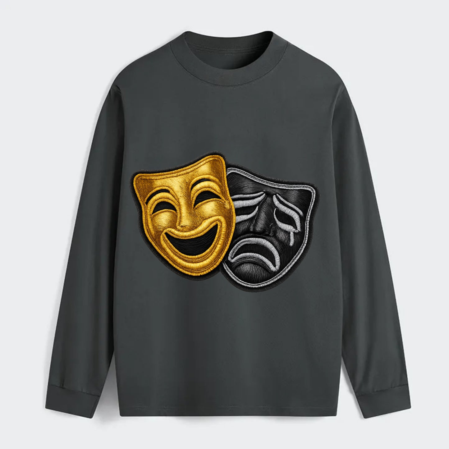 BROADWAY MASKS - comedy tragedy masks in gold and black , theater - Classic Long Sleeve Shirt - Gray