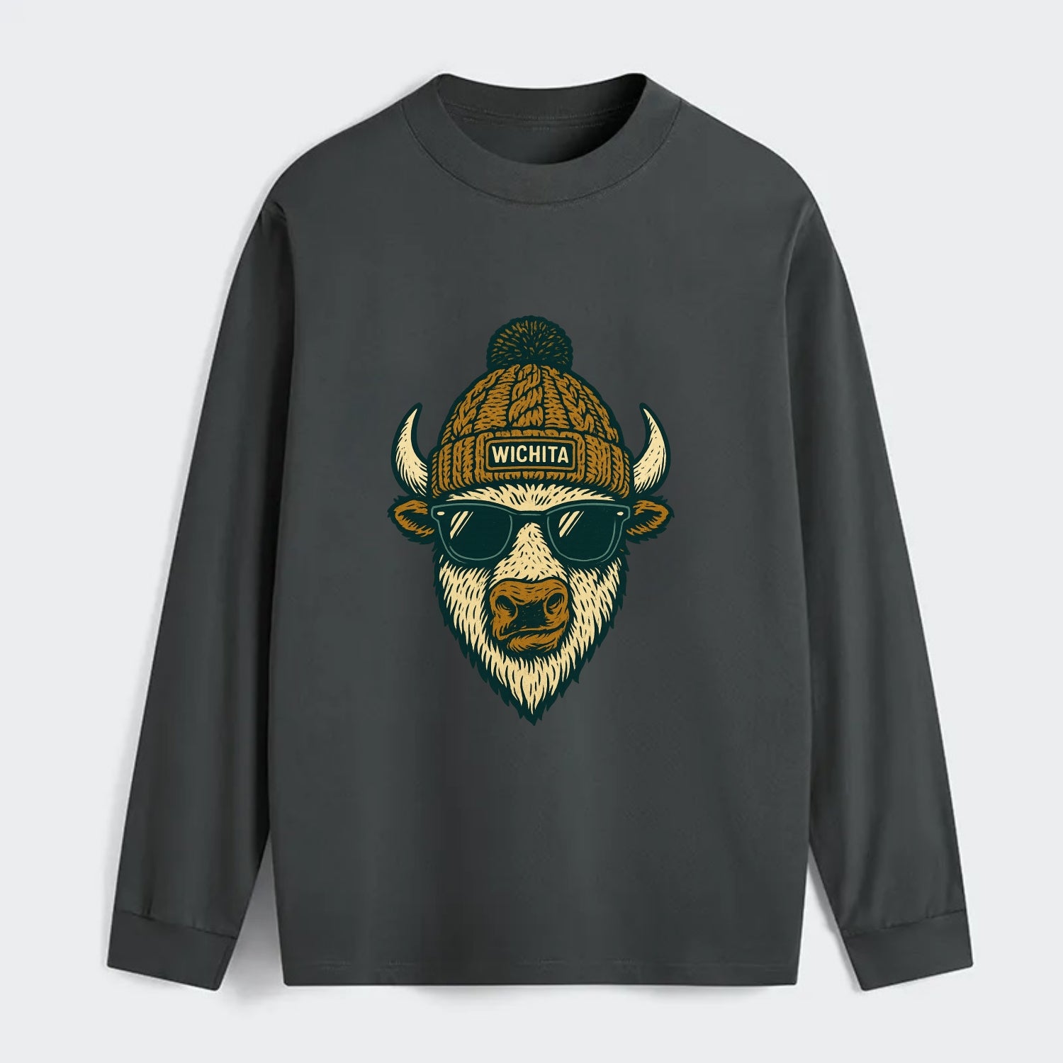 Kansas American Bison wearing Wichita beanie with pom pom and wayfarer - Classic Long Sleeve Shirt - Gray